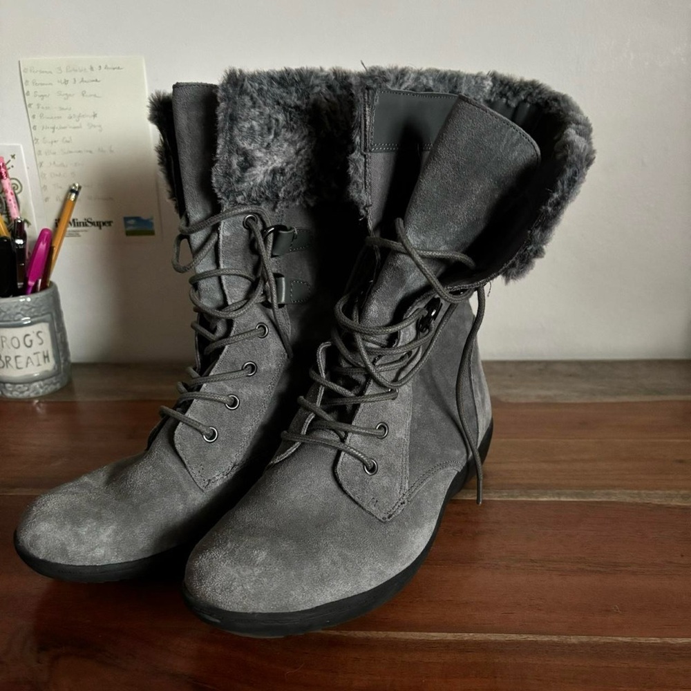 Aerosoles Gray Faux Fur Trim Boots